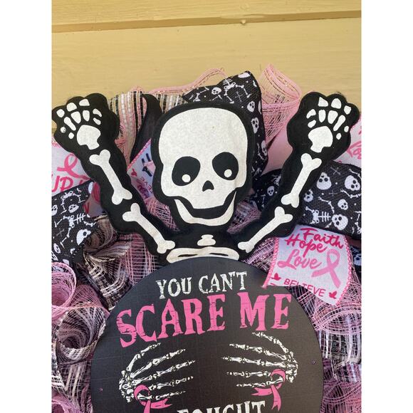 Halloween Breast Cancer Awareness Wreath – Skeleton “You Can’t Scare Me” Decor - Picture 2 of 10